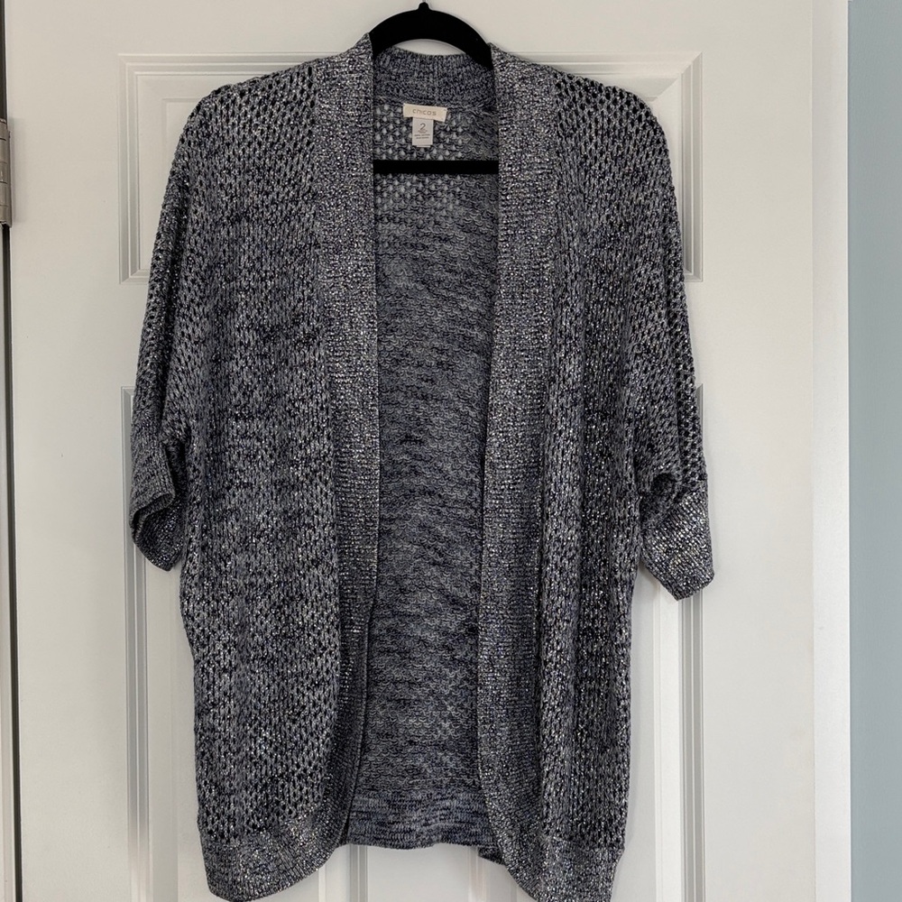 Chico's Blue and Gray Open-Front Cardigan